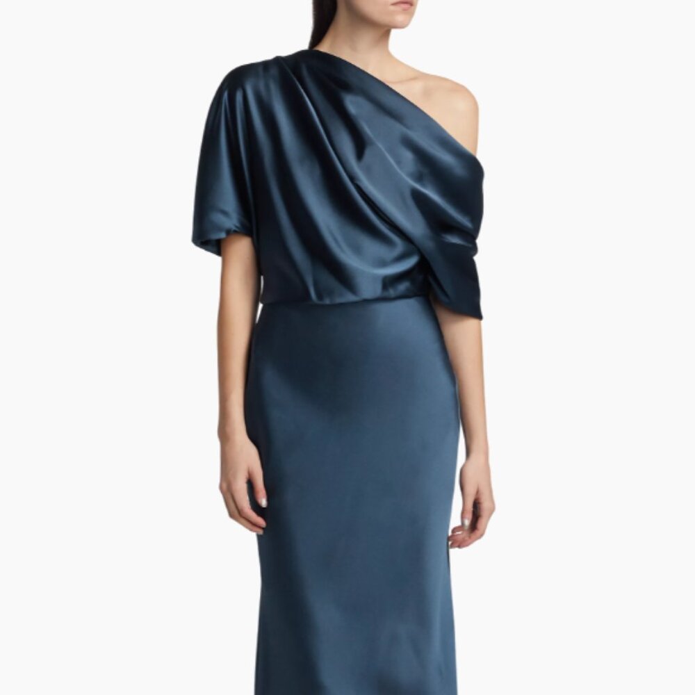 Amsale Draped Satin Pencil Midi Dress size 6